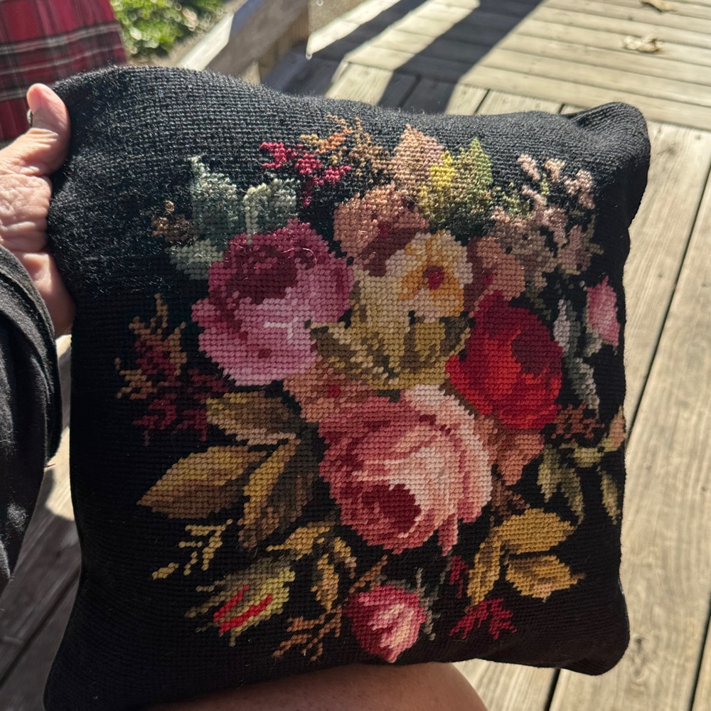 Floral Embroidered Black Pillow